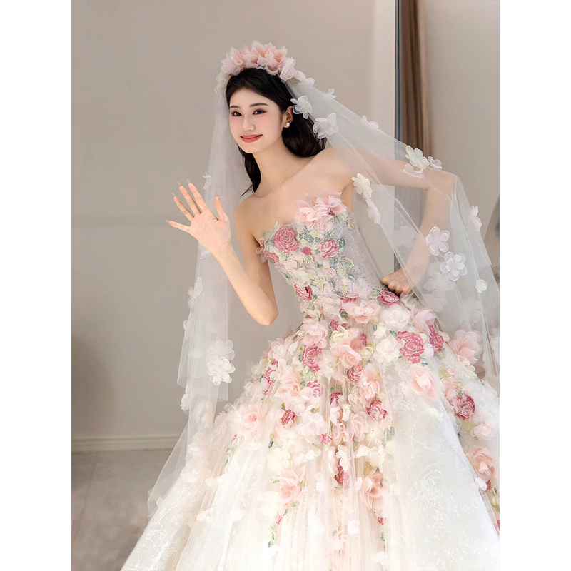Flower Fairy Light Wedding Dress High-End 2026 New Style Strapless Runaway Princess Tulle Rose Flower Coming-Of-Age Ceremony Evening Dress
