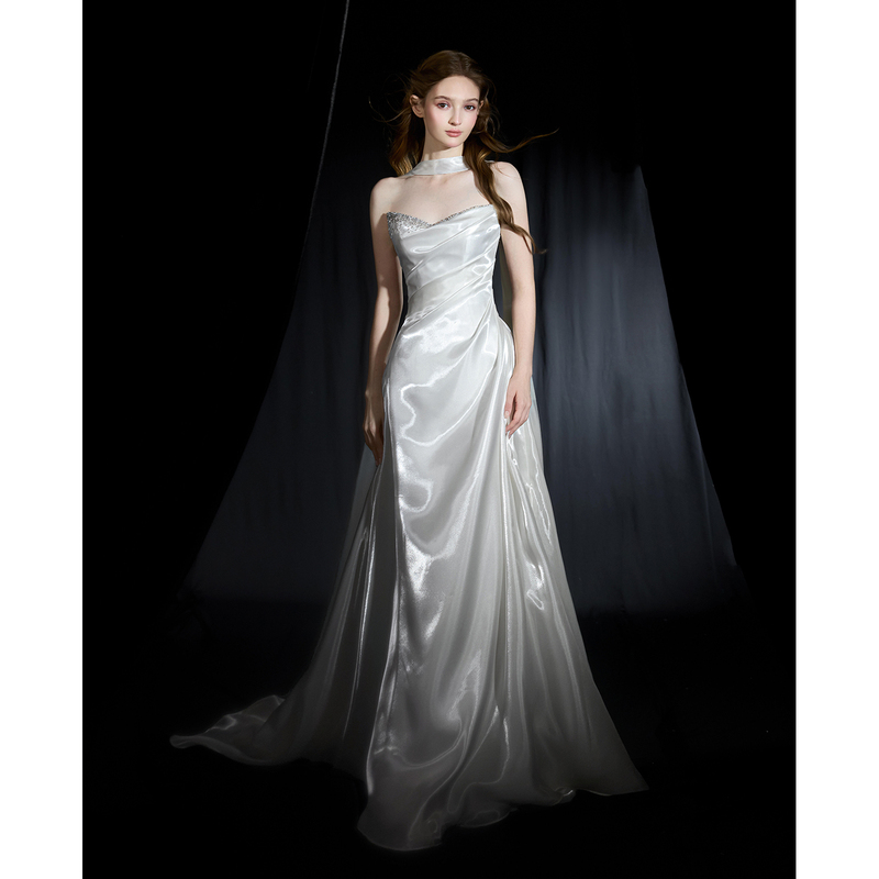 French Satin Light Wedding Dress, High-End Bride's Reception Dress, Travel Photography, High-End Engagement Host Evening Dress for Women French Satin Light Wedding Dress, High-End Bride's Reception Dress, Travel Photography, High-End Engagement Host Evening Dress for Women