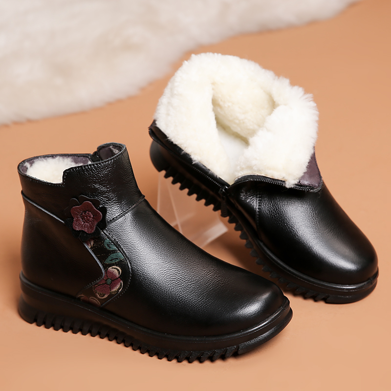 2023 Moms Cotton Shoes Winter Gush Warm Genuine Leather Wool Middle Aged Women Shoes Soft Bottom Non-slip Grandma Short Boots-Taobao