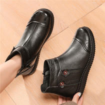 Winter mother shoes cotton shoes leather flat bottom middle-aged womens shoes plus velvet warm non-slip middle-aged elderly grandmother short boots