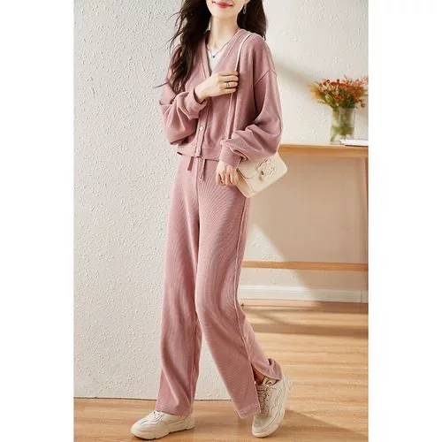 Осенний спортивный костюм, комплект, куртка, вельветовые брюки, oversize, V-образный вырез, свободный прямой крой