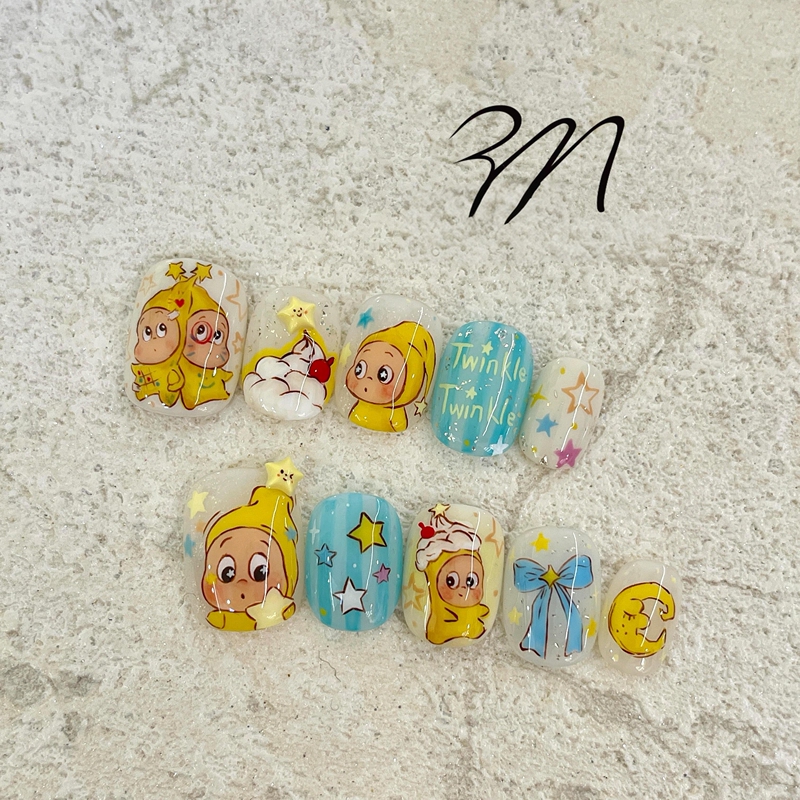 [Star Man] Cute Cartoon Bow Hand-Painted Handmade Wearable Nails Finished Nail Pieces ins Style Short Version