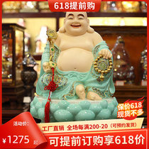 Sky blue glaze Han white jade jade sculpted Millver swaying pieces big belly laughs Buddhist cloth bag monk Bodhisattva Buddha statue at home