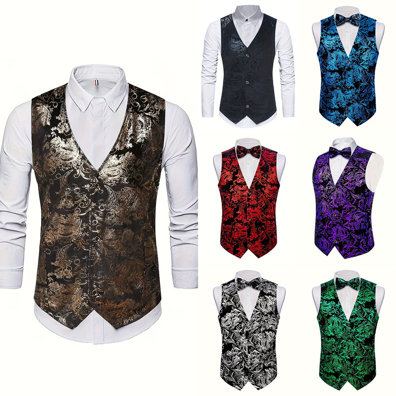 Amazon Summer Men's Suit Vest Men's European and American Gold-Stamped Casual Formal Vest Waistcoat