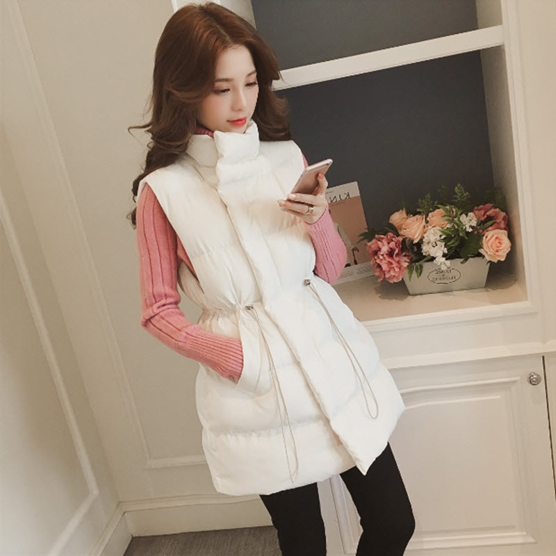 Áo phao cotton nữ dài 2018 phiên bản Hàn Quốc mùa thu đông mới Slim Drawopes không tay áo vest mỏng áo kiểu nữ