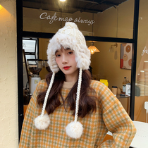 Plus velvet thick hair ball Lei Feng hat girl Korean ins cute beige knitted hat ear protection warm wool hat