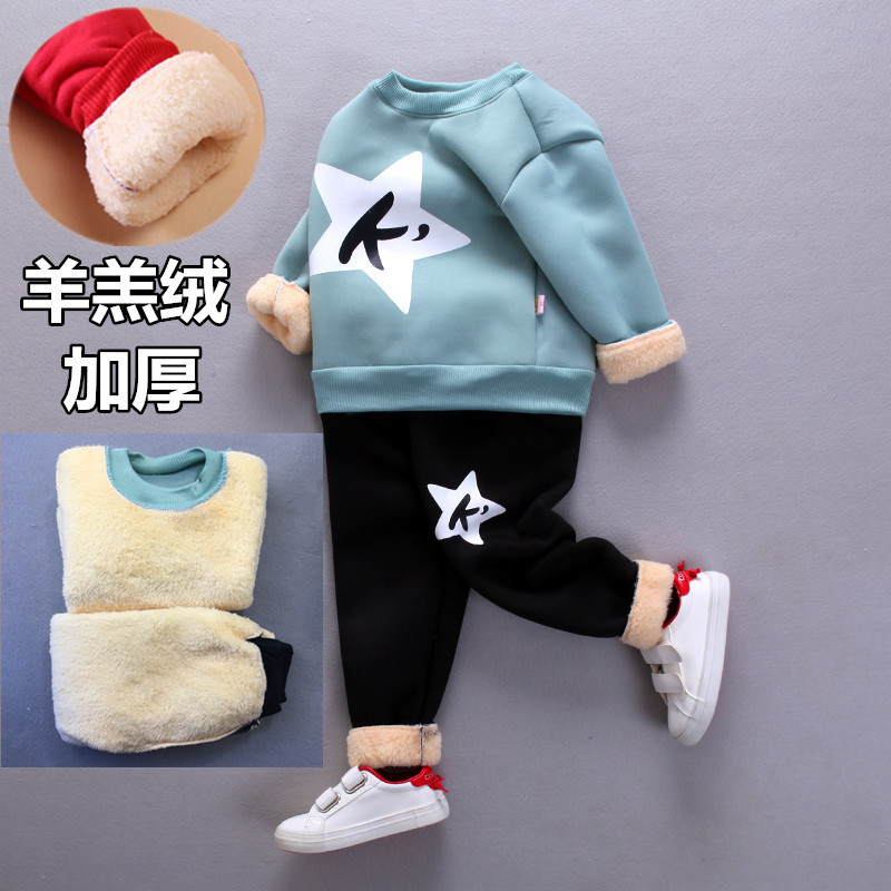 Quần áo trẻ em mùa thu và mùa đông cho trẻ em 1-2-3 tuổi Bé trai hai mảnh mùa đông cộng với quần áo nhung dày phù hợp với quần áo thủy triều đồ sơ sinh