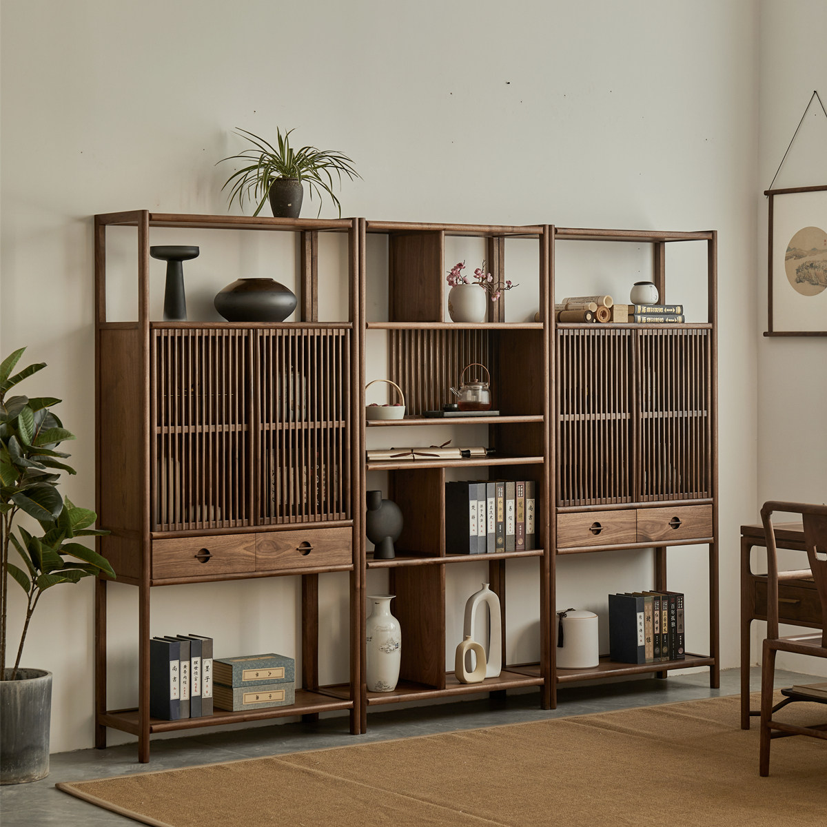 Xumu new Chinese style solid wood bookcase bookshelf black walnut Bogu shelf display cabinet tea room cabinet storage cabinet storage cabinet