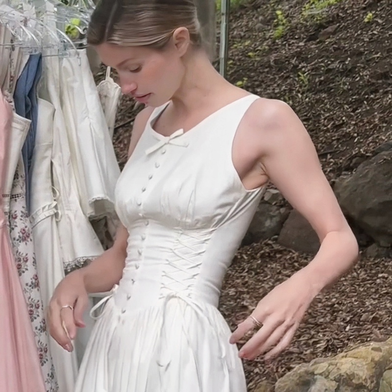 Kiooo【White Platycodon】Girlish, Elegant, Everyday Style, White Solid Color Sleeveless Long Dress