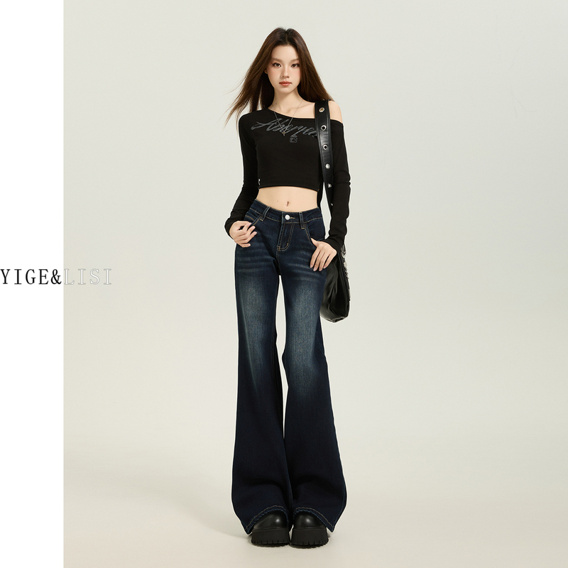 American-Style Dark Blue Low-Waist Flared Jeans for Women, 2026 Spring New Slim-Fit Stretchy Floor-Length Straight-Leg Bell-Bottom Pants American-Style Dark Blue Low-Waist Flared Jeans for Women, 2026 Spring New Slim-Fit Stretchy Floor-Length Straight-Leg Bell-Bottom Pants