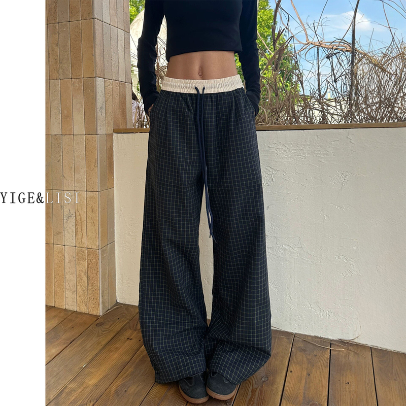 Ingrid's American Retro Low-Waist Plaid Sweatpants for Men and Women 2026 Spring and Summer New Wide-Leg Sports Casual Pants
