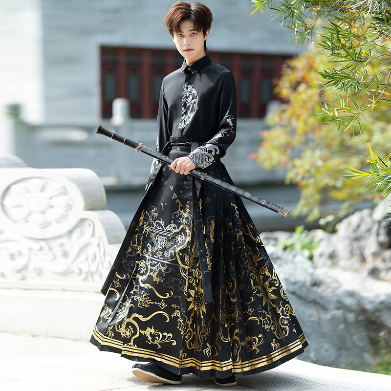 Dragon Pattern Gold Embroidery Mamian Skirt Paired with Embroidered Shirt Top, Chinese Style Men's Clothing, Hanfu, New Chinese Style Student Ancient Style Suit