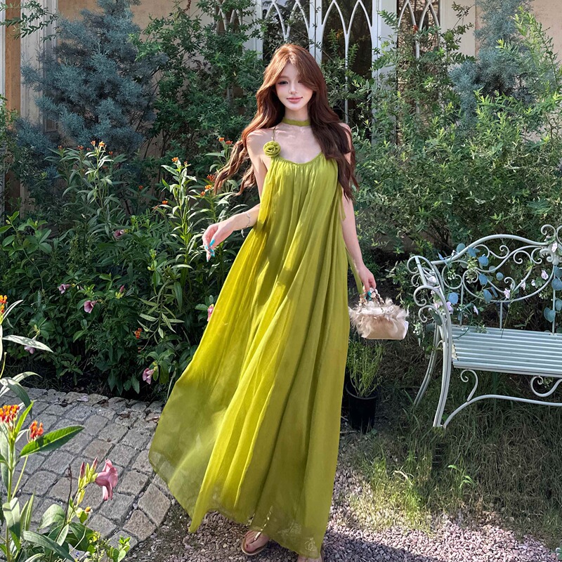 The Wizard of oz Super Fairy Lazy Green Floral Backless Strap Dress for Beach Vacation with Mesh Flare Skirt Yunnan The Wizard of oz Super Fairy Lazy Green Floral Backless Strap Dress for Beach Vacation with Mesh Flare Skirt Yunnan