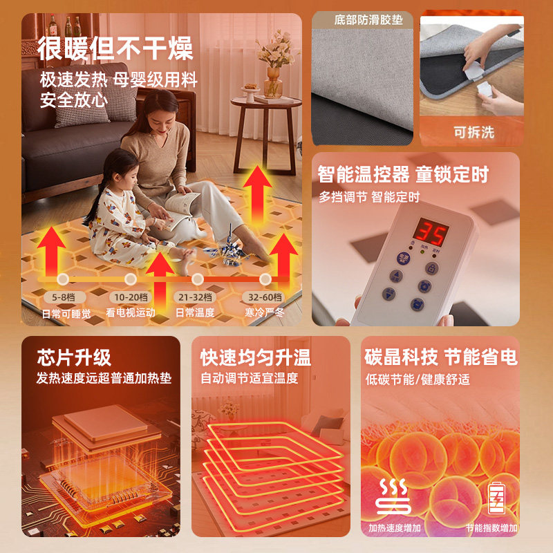 Floor Heating Pad, Removable and Washable, Split-Type Heating Mat, Graphene Electric Heating Mat, Living Room Floor Heating Mat, Carpet