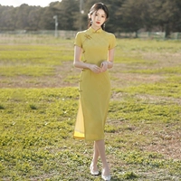 Легкое элитное летнее ретро желтое длинное ципао, светлый стиль, изысканный стиль, 2024 года