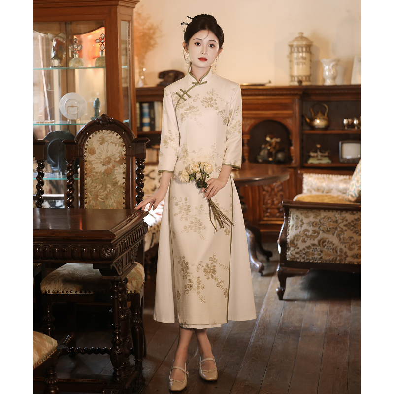 アオザイチャイナドレス2025新しい若者風ハイエンド気質秋冬長袖ティードレススリムレトロエレガント高級