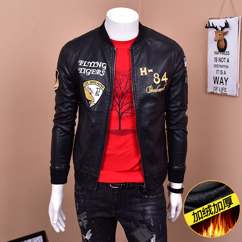 Châu Âu ga da áo khoác nam huy hiệu áo khoác thêu đẹp trai cộng với nhung dày da nam quần áo xe máy thủy triều bomber bóng chày