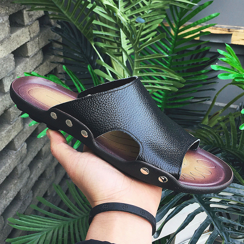 Word-lined male tide non-slip waterproof genuine leather slippers male beach semi-tugging driving slippers outside wearing soft-bottom men cool slippers