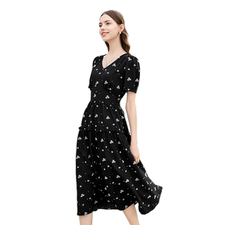 Betu women's clothing 2025 summer new embroidered v-neck retro high-waist slim mid-length dress
