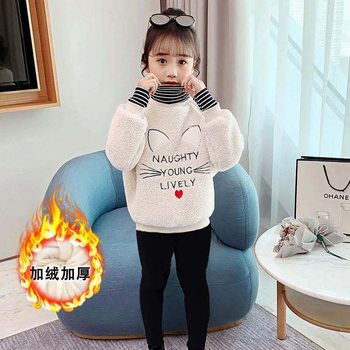 Girls' fleece sweater 2022 new autumn and winter clothing children's western style fashionable middle-aged children's thickened high-neck warm top