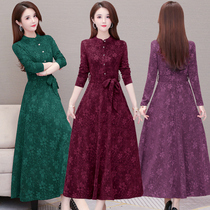 Plus size mother autumn dress 2021 lace long sleeves long ladies dress womens spring and autumn all-match tie skirt outerwear