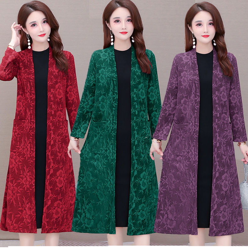 2021 lace pocket cardigan mid-length spring and autumn long-sleeved straight-fitting women's plus-size shawl coat