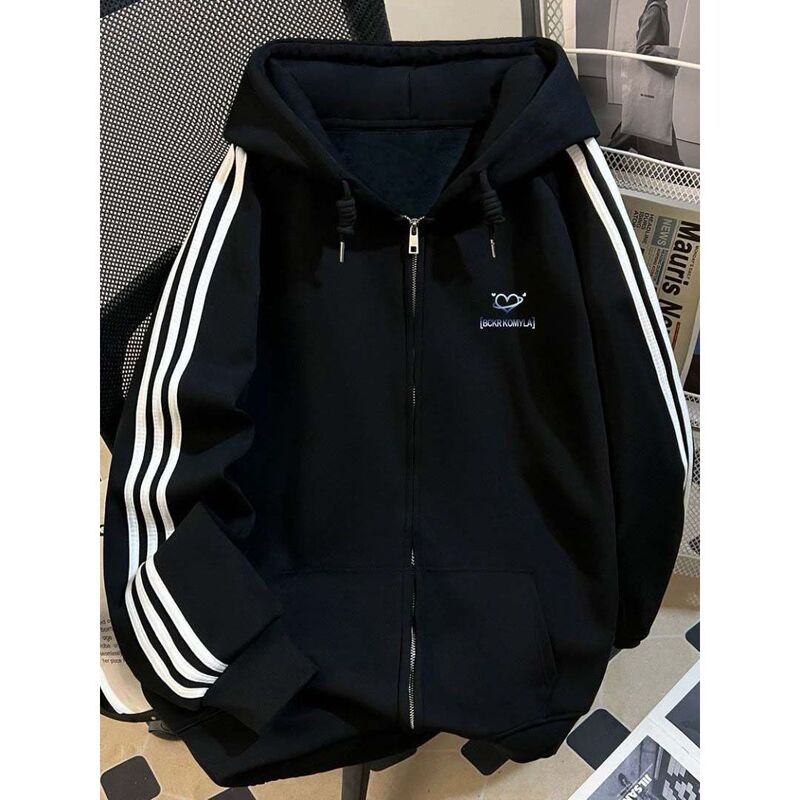 Trendy New Style Heart Letter Print Full-Zip Striped Hooded Jacket for Men and Women, Autumn and Winter Versatile Top for Students