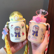  Childrens thermos cup messenger kettle cartoon cute water cup with straw female cute primary school student kindergarten belly cup