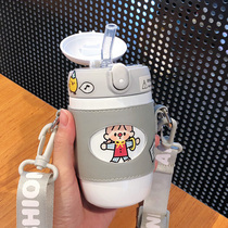  Childrens thermos cup with straw Female water cup portable elastic buckle Cute cartoon kindergarten student messenger strap cup