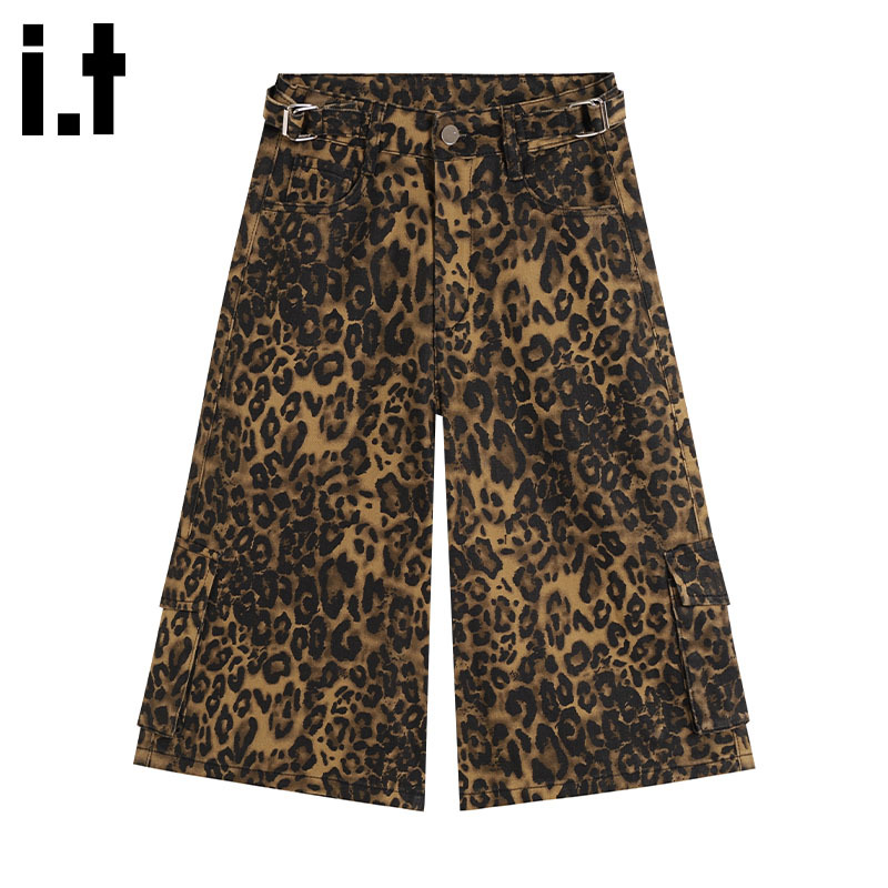 It:Chocoolate American Retro Leopard Print Cropped Denim Shorts for Women, Summer Adjustable Waist Straight-Leg Mid-Length Pants