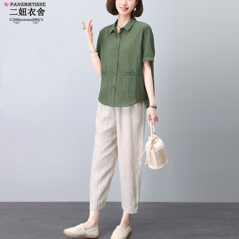 Cotton and Linen Suit for Women 2026 New Summer Middle-Aged Mother's Wear Short-Sleeved Shirt Top Classy Linen Two-Piece Set