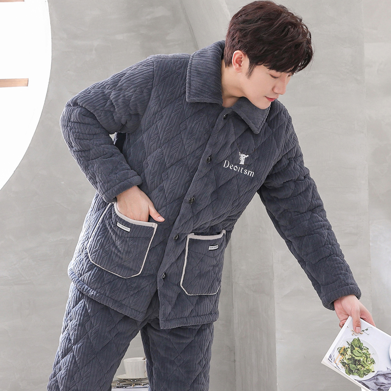 Pyjamas Men's winter gushed thickened three-layer clip cotton flannel suede jacket Coral Suede Warm Autumn Winter-Taobao