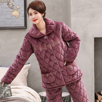 Pajamas Woman Autumn Winter Triple thickened clip Cotton pyjamas flannel Coral Fleece middle aged home Clothing Mom Suit