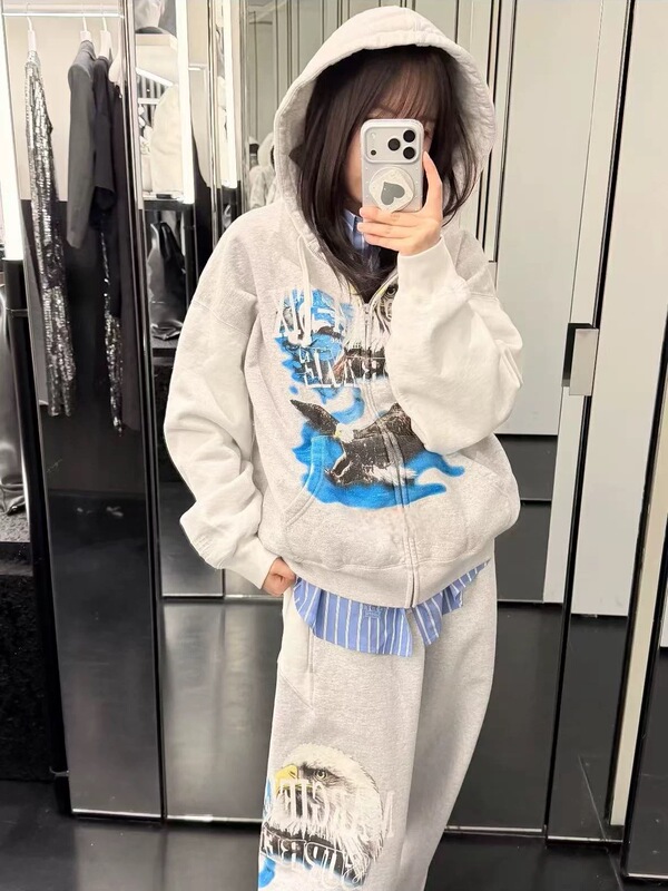 Original 26Ss Eagle Zip up Hooded Sweatshirt with Eagle Pattern Print and Zipper