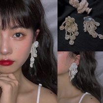 PO NY retro Moren fairy pearl earrings female long temperament Net red tassel ear clip