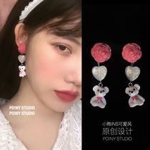 Bear bow rose flower Love earrings INS Wind acrylic earrings female earrings female earrings cute Japanese girl