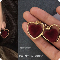 Simple earrings 2021 New Tide sweet Japanese retro wine red love hollow heart ear clip earrings female