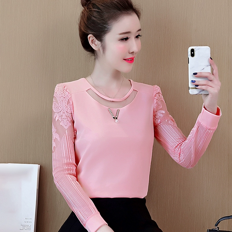 Áo sơ mi voan của phụ nữ mùa thu năm 2021 áo sơ mi đáy bụng mới tất cả các trận đấu áo thun dài tay áo sơ mi nhỏ ren của phụ nữ - Áo sơ mi chiffon ren