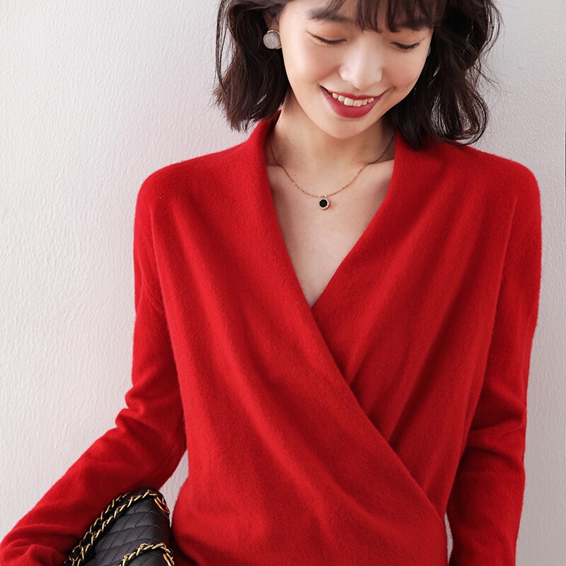 Autumn and Winter New Cross-Neck Pure Wool Sweater for Women, Pullover Slim-Fit Cashmere Sweater, V-Neck Short Outerwear Kimono Sweater Autumn and Winter New Cross-Neck Pure Wool Sweater for Women, Pullover Slim-Fit Cashmere Sweater, V-Neck Short Outerwear Kimono Sweater