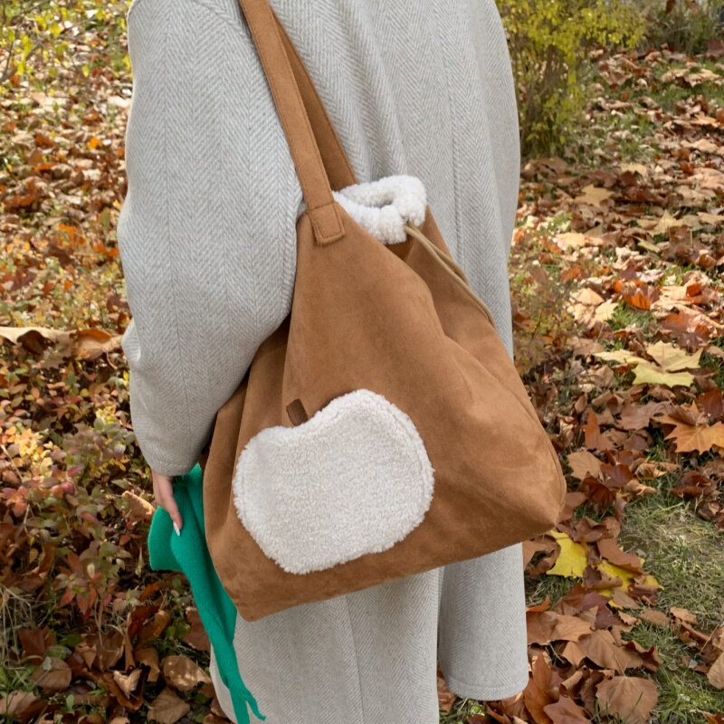 Retro Suede Cute Embroidered Shoulder Bag, Apple Drawstring Bag, Suede Tote Bag, Plush Women's Commuting Large Capacity Bag Retro Suede Cute Embroidered Shoulder Bag, Apple Drawstring Bag, Suede Tote Bag, Plush Women's Commuting Large Capacity Bag