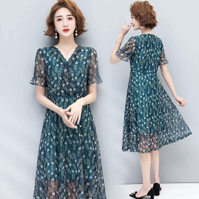 2021 summer new temperament short-sleeved dress women's fashion chiffon over-the-knee long skirt foreign style age-reducing A-line skirt
