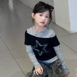Girls' Long-Sleeved T-Shirt, Fake Two-Piece Top, Versatile and Stylish, 2025 Autumn Korean Style, Spliced Top for Older Girls