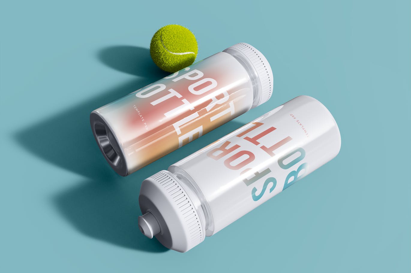 网球运动饮水瓶包装设计样机素材 Sport Bottles with Tennis Ball Mockup