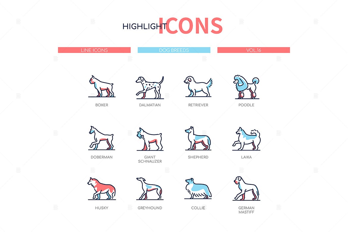 ICONS | 矢量现代线条设计风格宠物狗类雪纳瑞贵宾犬猎犬牧羊犬莱卡图标