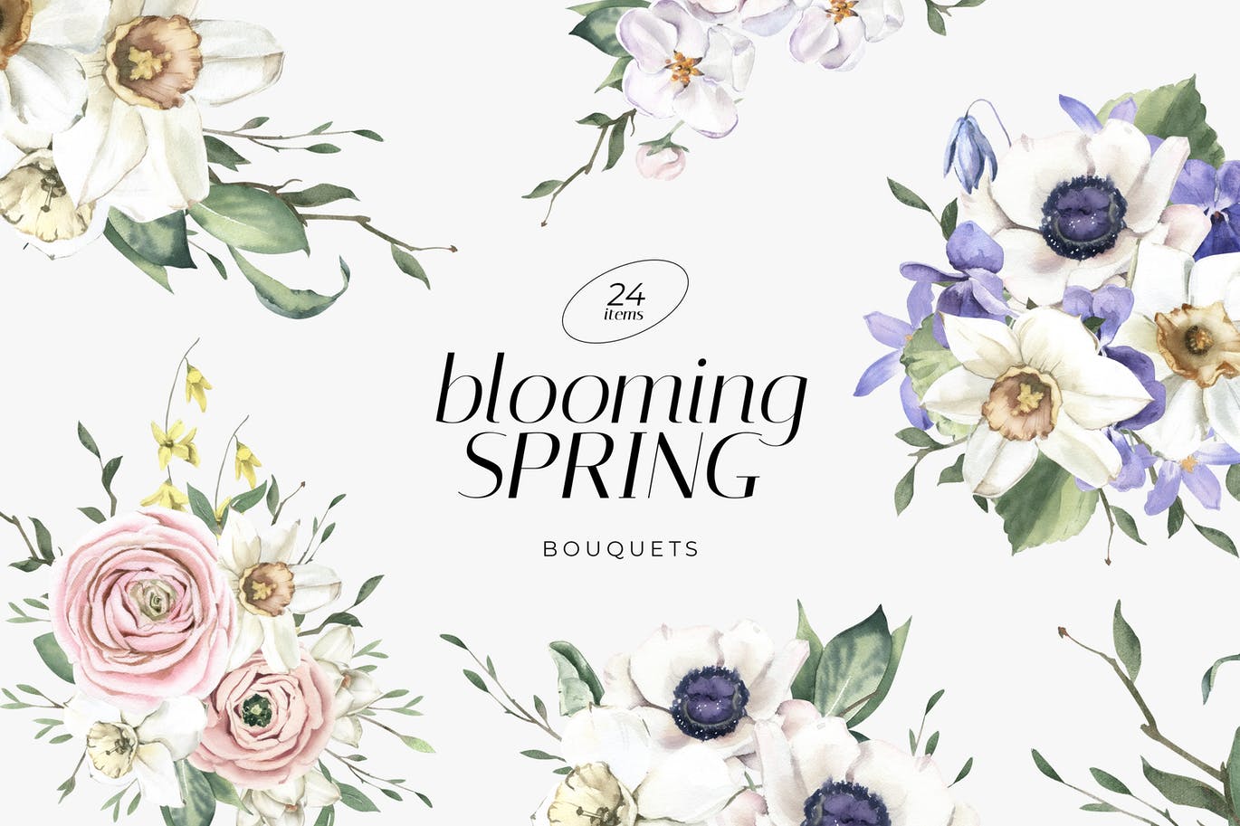 时尚高端清新优雅多用途的盛开春天手绘水彩花朵花卉插画集合