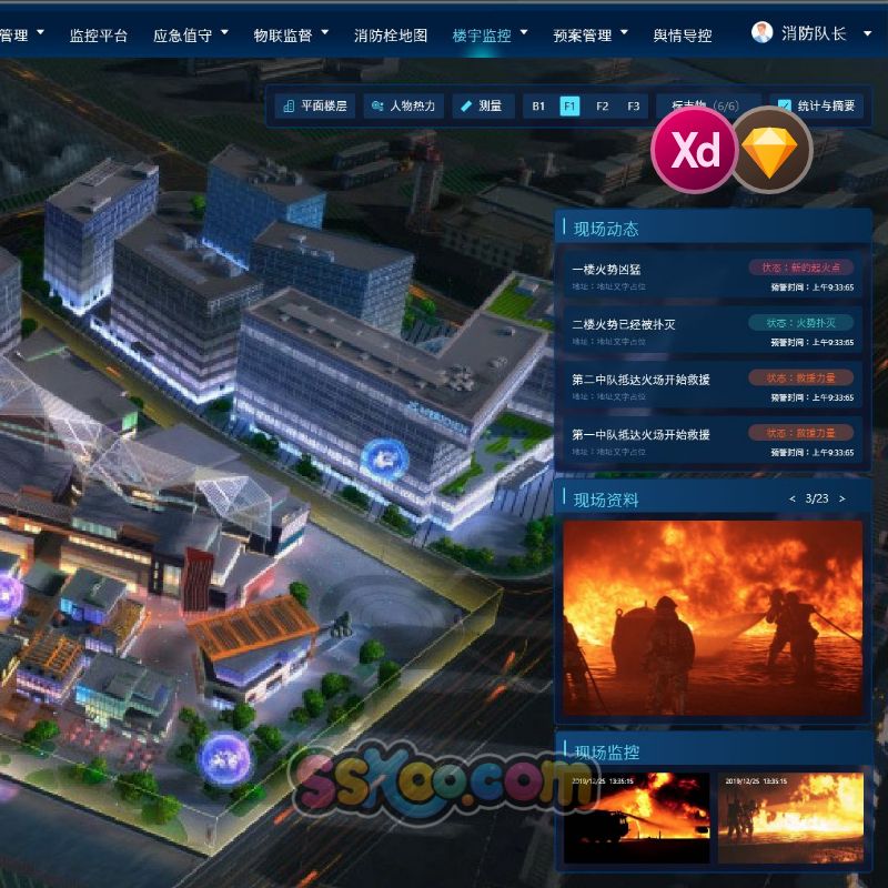 城市数据可视化HUD智慧消防楼宇监控工地首页UI大屏界面xd/sketch素材模板