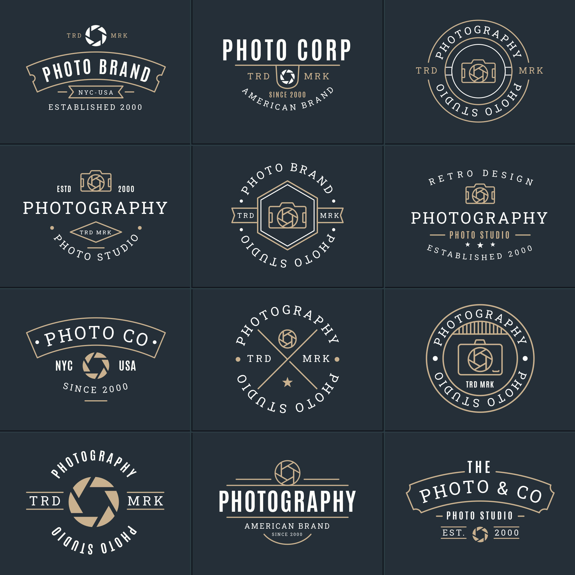 几何图形摄影品牌Logo标志设计模板 Photography Vector Badges