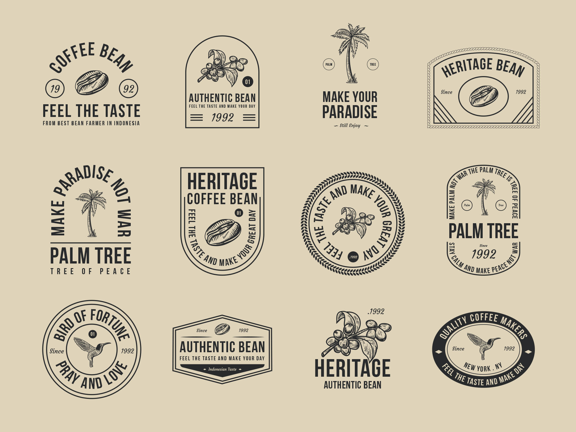 咖啡品牌适用棕榈树元素徽章Logo预览模板 Coffee and Palm Tree Vector Badges