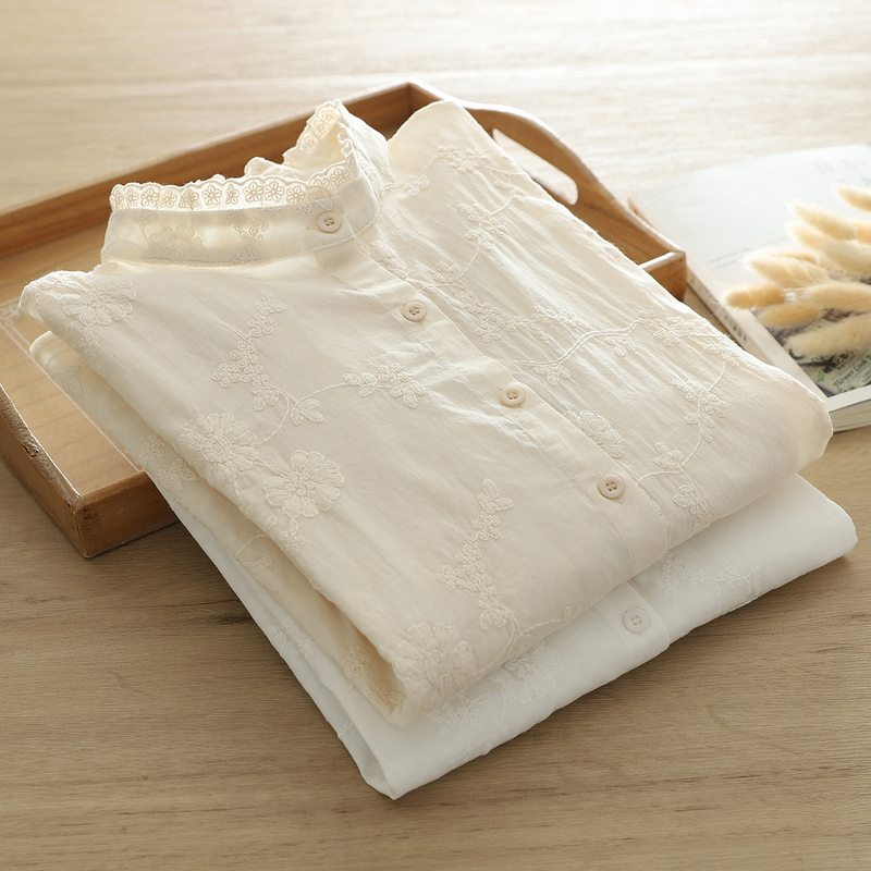 Japanese-Style Sweet and Artistic Lace-Trimmed Pure Cotton Shirt for Women, Long-Sleeved, Heavily Embroidered, Versatile Stand-Up Collar French-Style Shirt
