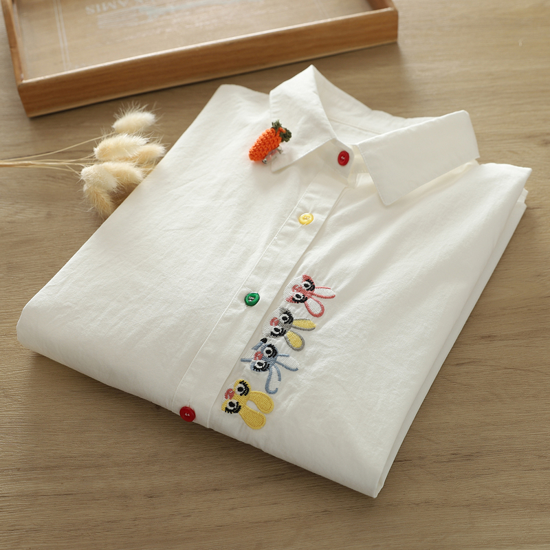 Autumn New Style Fresh Pure Cotton Embroidered Rabbit Shirt for Women, Long-Sleeved, Versatile, Artistic, Unique, Cute Shirt for Students